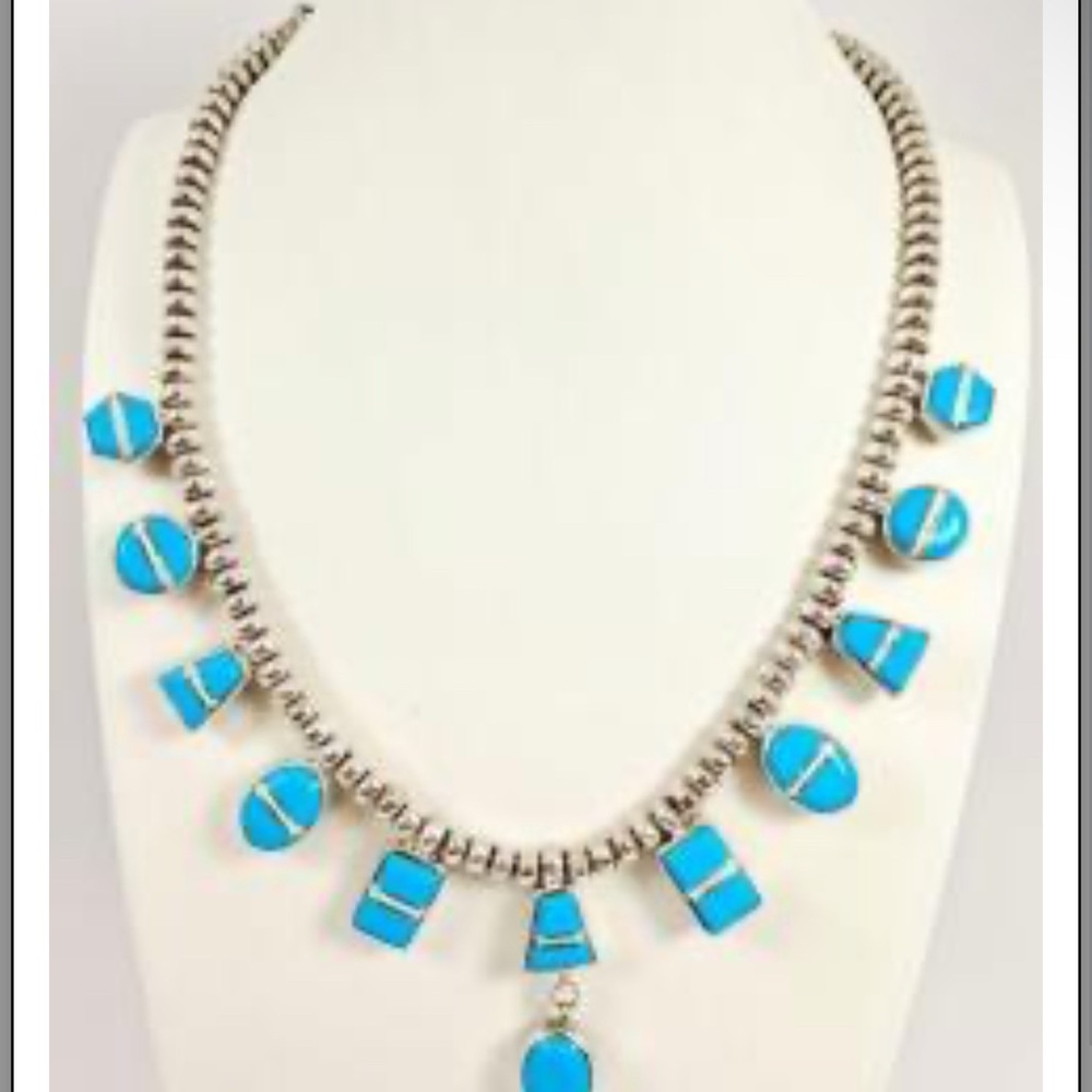 christin Wolf signed reversible sterling turquoise onyx inlay necklace 59.89 g